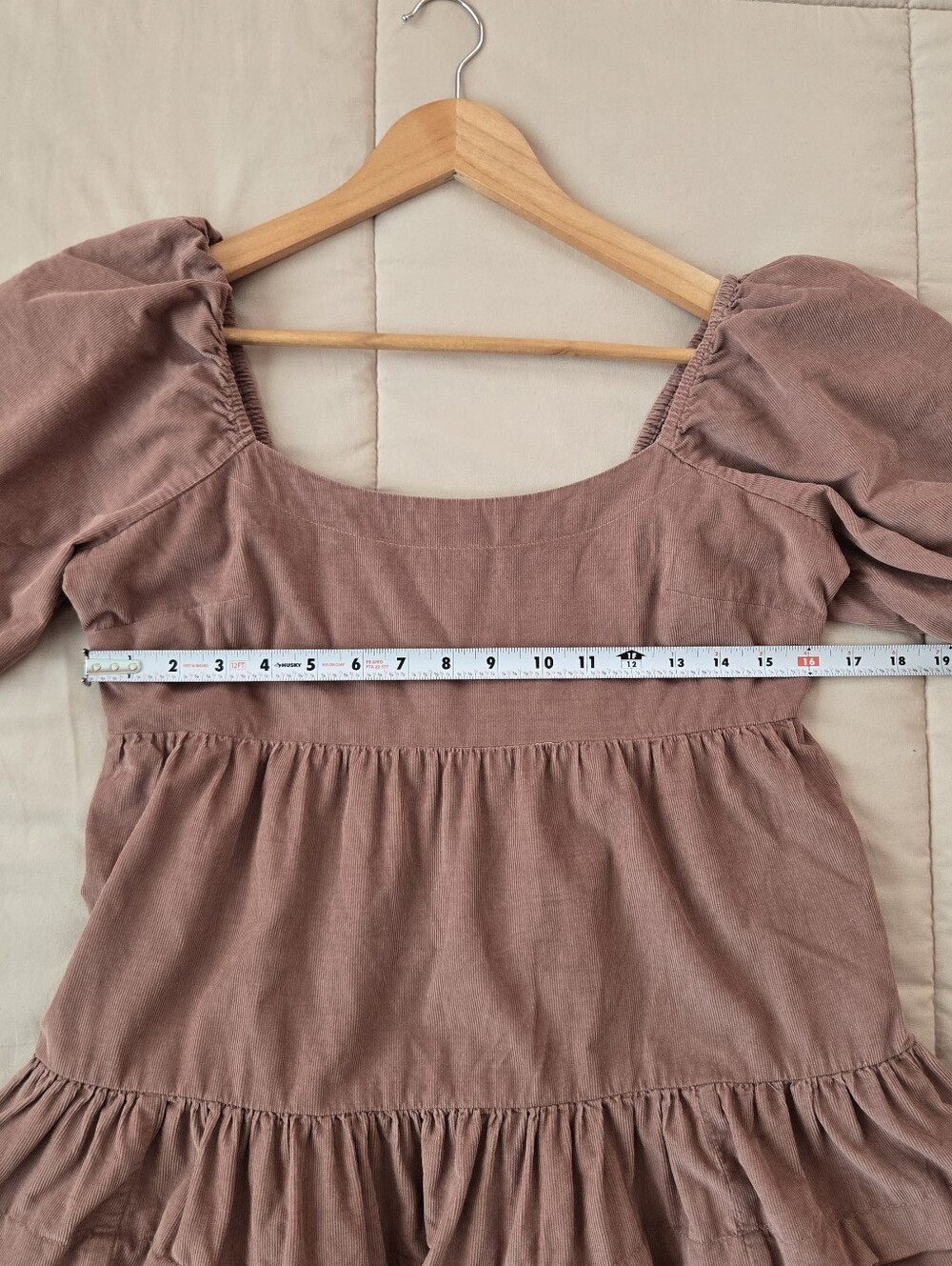 American Eagle Outfitters Dusty Rose Corduroy Puff-Sleeve Dress With Ruffles, M - Picture 6 of 7